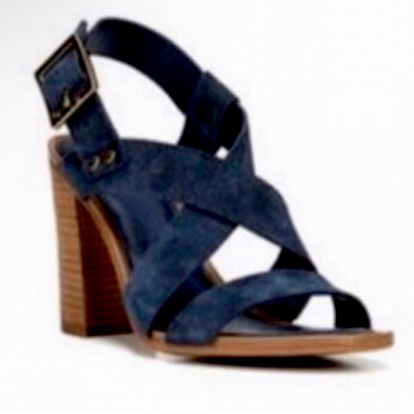 Franco Sarto Sabine lush teal blue suede crossing straps, open toe stacked heel - Picture 3 of 15